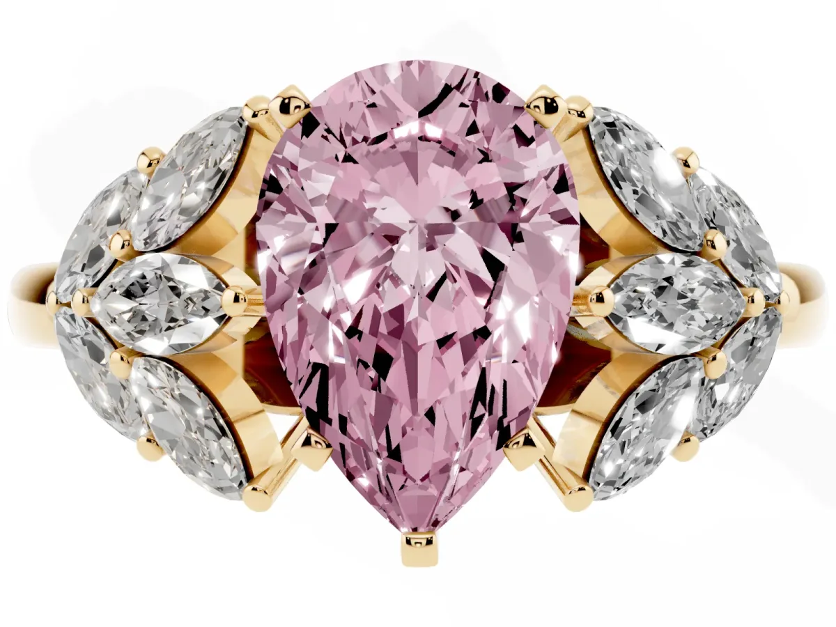 Fancy Pink Pear Cut Diamond Cluster Leaf Design Ring with Prong Setting Yellow gold