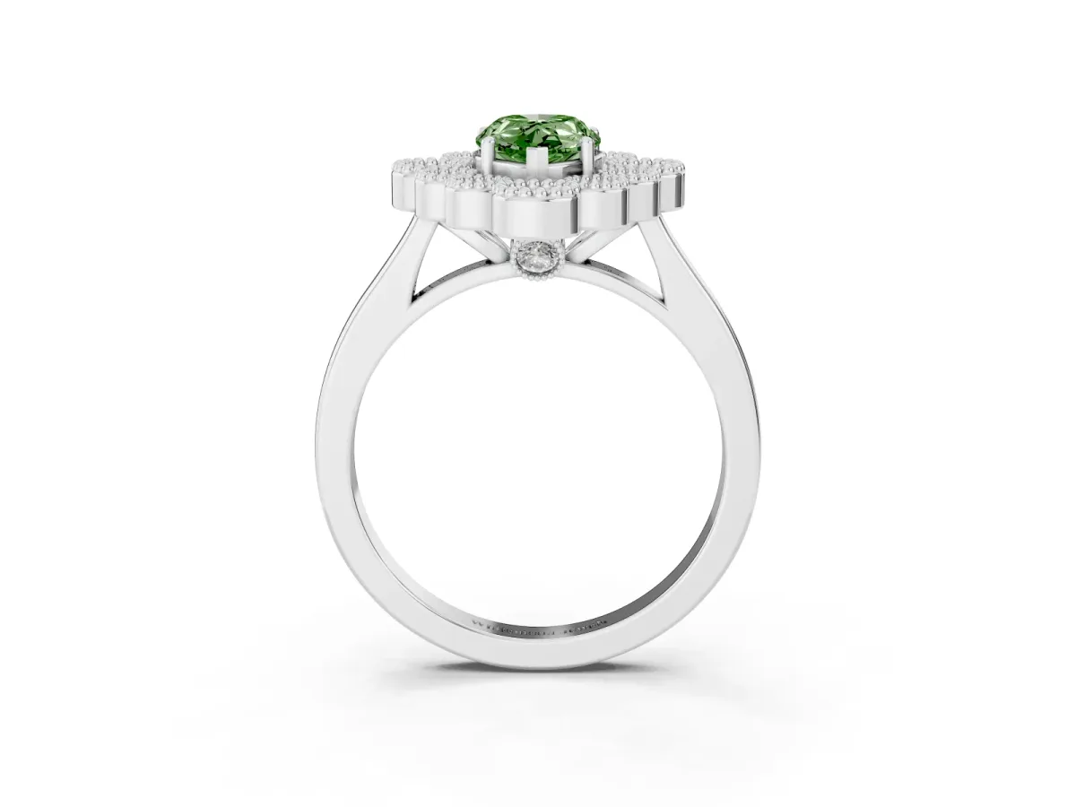 Fancy Green Pear Cut Halo Diamond Cluster Engagement Ring with Milgrain Bezel Setting and Solitaire Band Platinum
