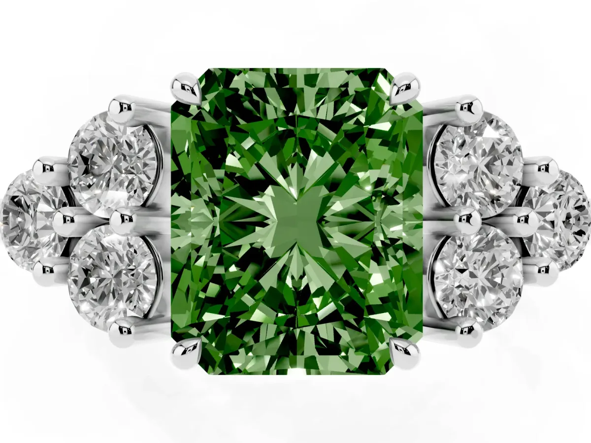 Fancy Green Radiant Cut Brilliant Diamond Cluster Accent Solitaire Ring with Prong Setting Platinum