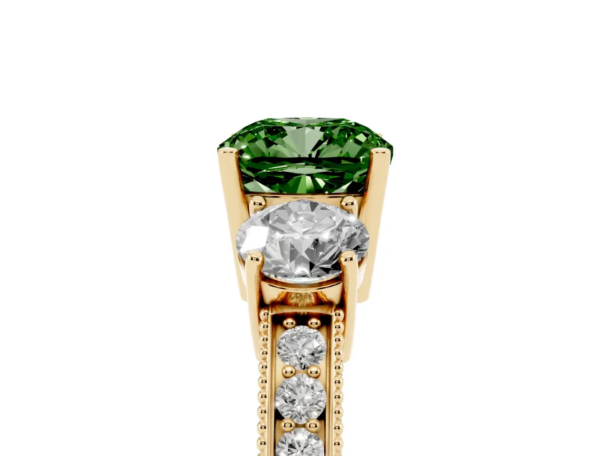 Fancy Green Cushion Cut Three-Stone Diamond Ring with Pavé Band and Four-Prong Setting Yellow gold