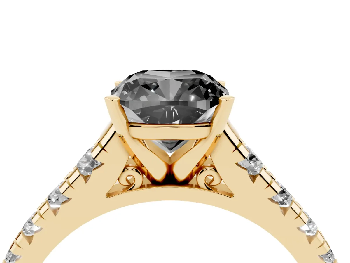 Fancy Black Cushion Cut Diamond Cathedral Solitaire Ring with Round Pavé Band Yellow gold