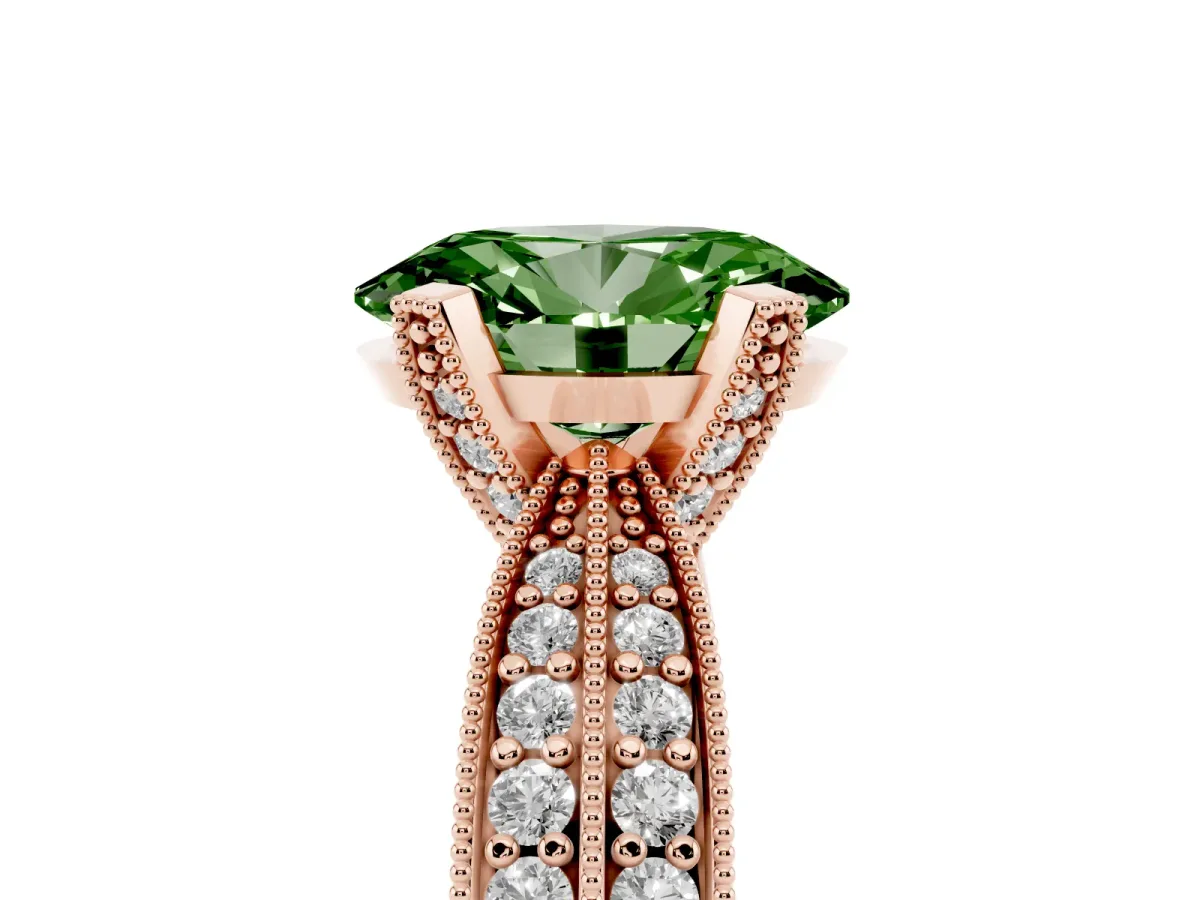 Fancy Green Oval Cut Diamond Solitaire Ring with Milgrain Round Pavé Band and Prong Setting Rose gold