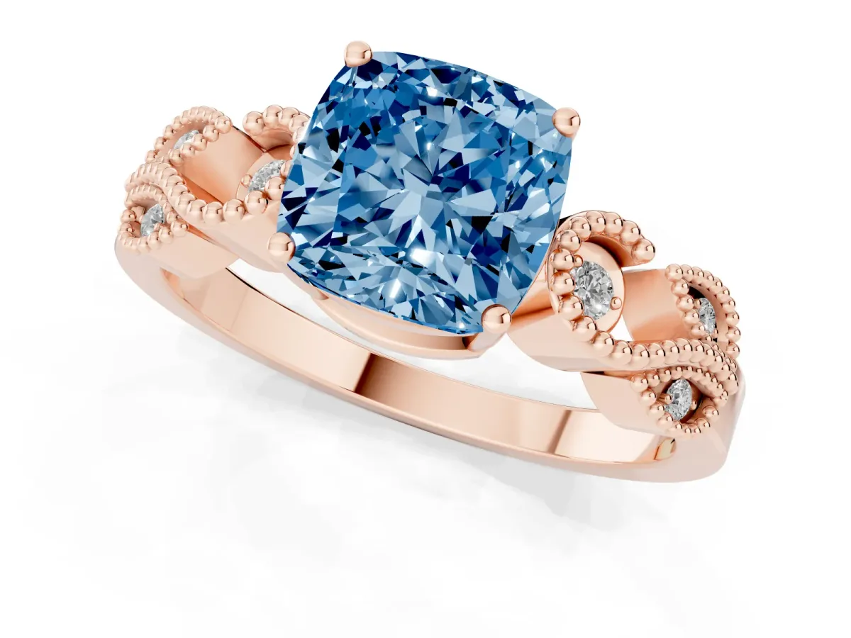 Fancy Blue Cushion Cut Solitaire Milgrain Leaf Band with Prong Setting Rose gold