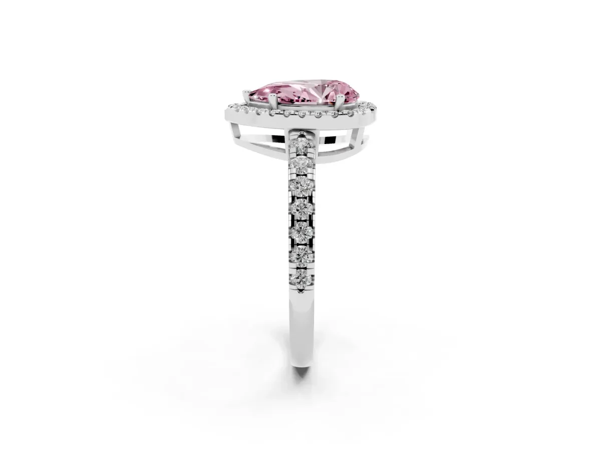 Fancy Pink Pear Cut Diamond Halo Ring with Pavé Band and Four-Prong Setting Platinum