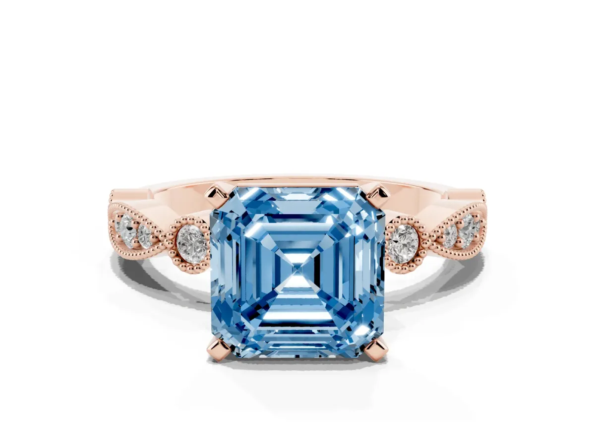 Fancy Blue Asscher Cut Milgrain Bezel Diamond Engagement Ring with Solitaire Prong Setting Rose gold
