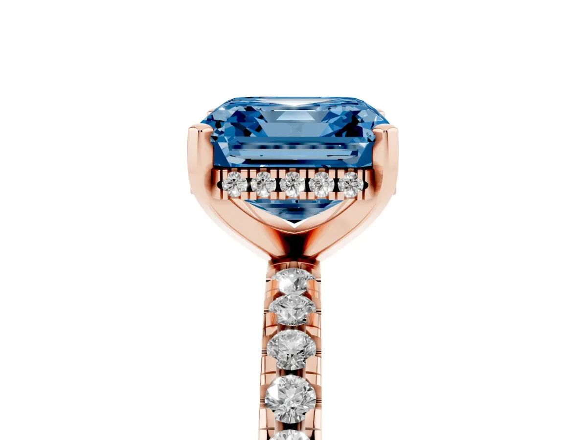 Fancy Blue Asscher Cut Diamond Solitaire Ring with Round Pavé Band and Four-Prong Setting Rose gold