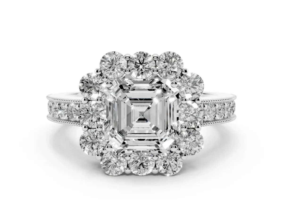 Asscher Cut Cut Halo Diamond Pavé Engagement Ring with Milgrain Detailing Platinum