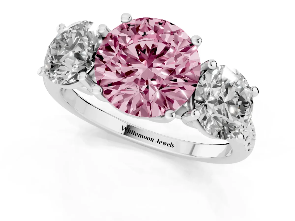 Fancy Pink Three-Stone Round Cut Diamond Ring with Round Pavé Band and Prong Setting Silver