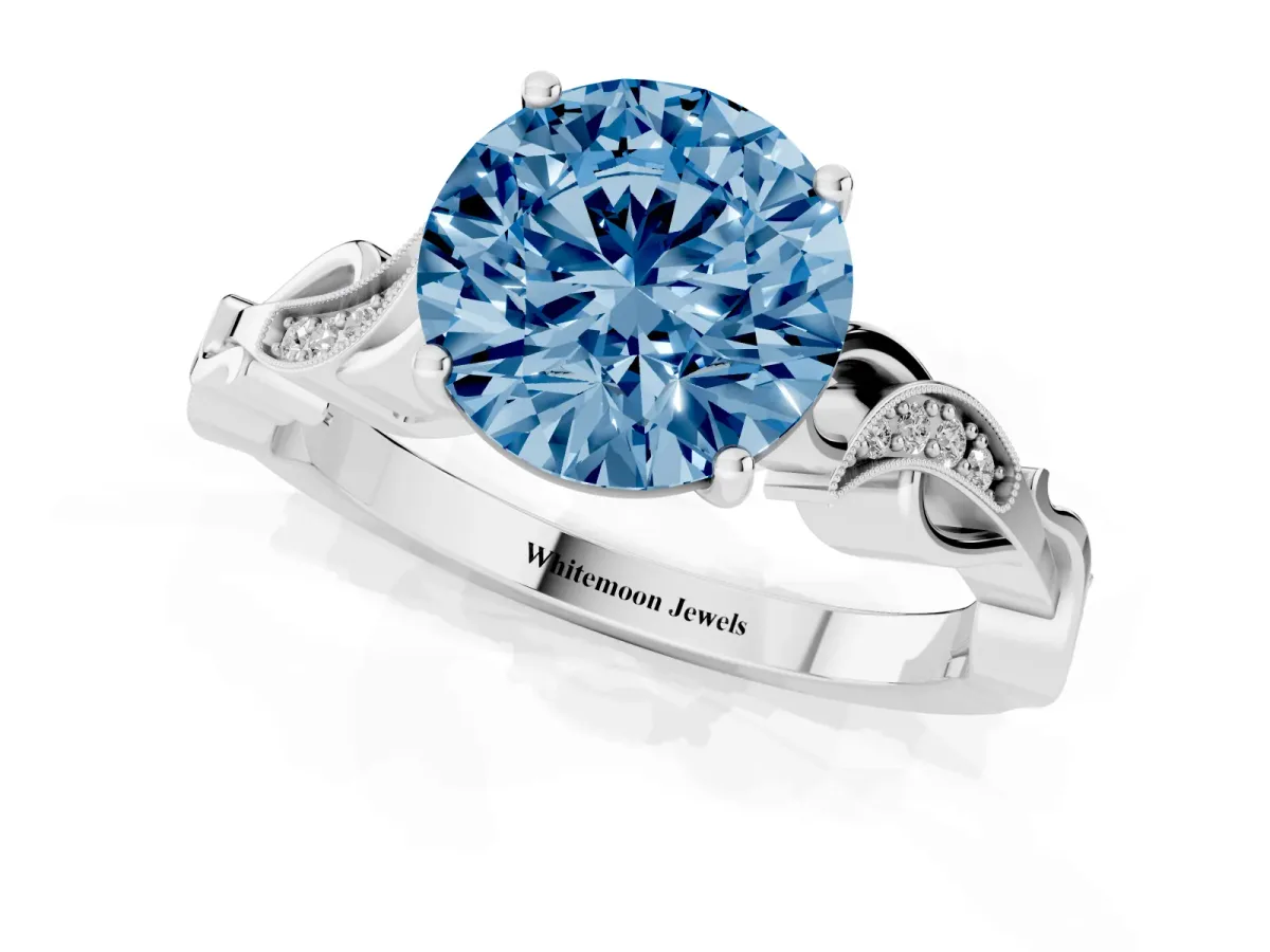 Fancy Blue Round Cut Solitaire Vine Band with Milgrain Prong Setting Platinum