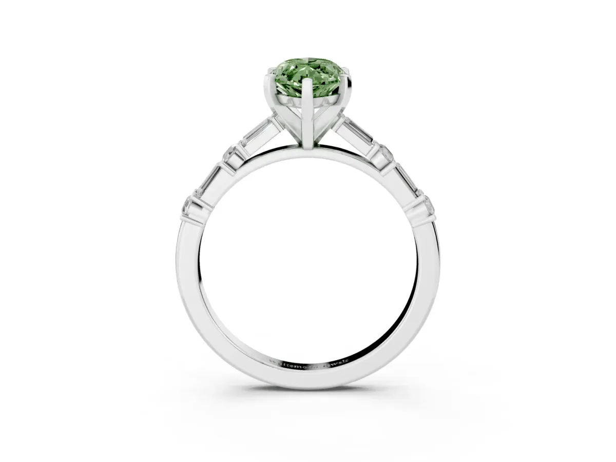 Fancy Green Marquise Cut Diamond Solitaire with Side Baguettes and Channel Set Band Platinum