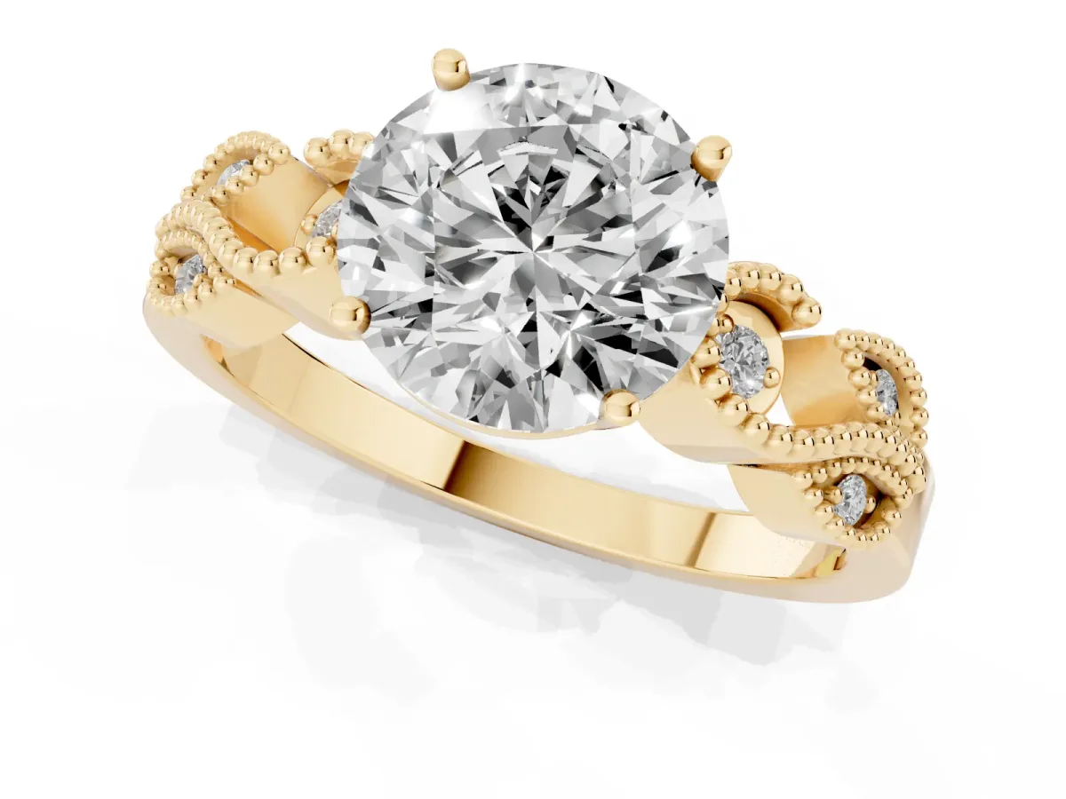 Round Cut Solitaire Milgrain Leaf Band with Prong Setting Yellow gold