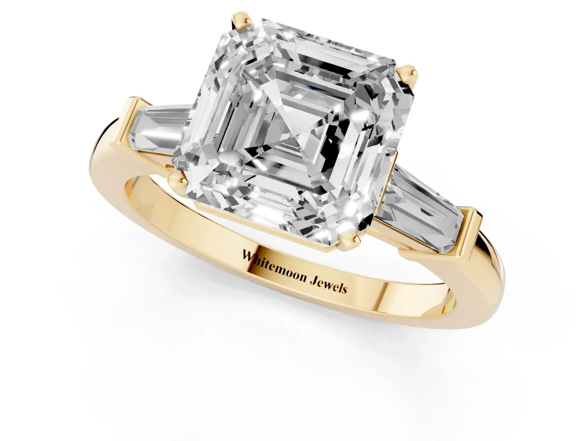 Asscher Cut Cut Diamond Solitaire Ring with Tapered Baguette Accents and Four-Prong Setting Yellow gold