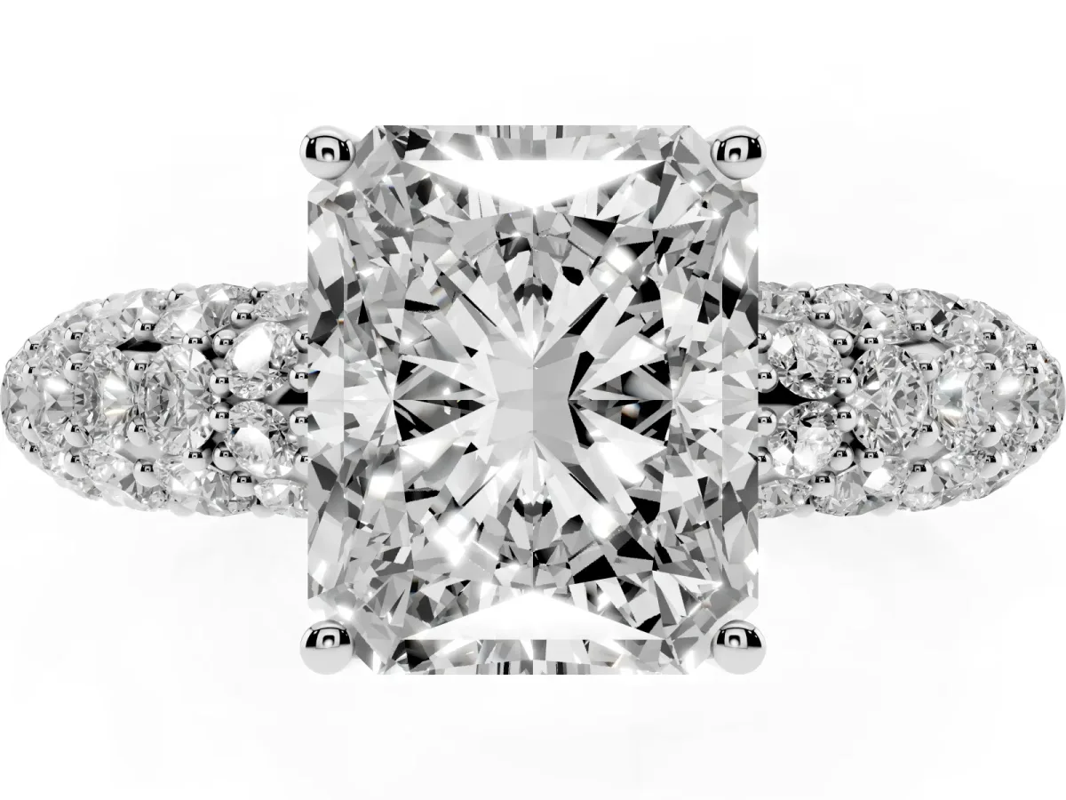 Radiant Cut Diamond Pavé Band Solitaire Ring with Four-Prong Setting Silver