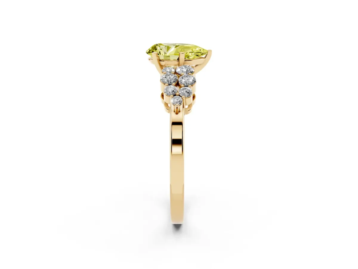 Fancy Yellow Pear Cut Cluster Diamond Engagement Ring with Pavé Band and Four-Prong Setting Yellow gold