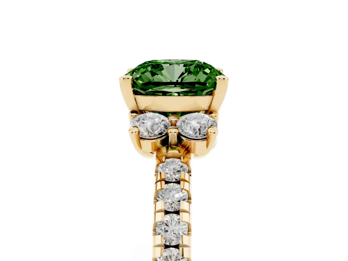Fancy Green Cushion Cut Diamond Three-Stone Pave Band with Four-Prong Setting Yellow gold