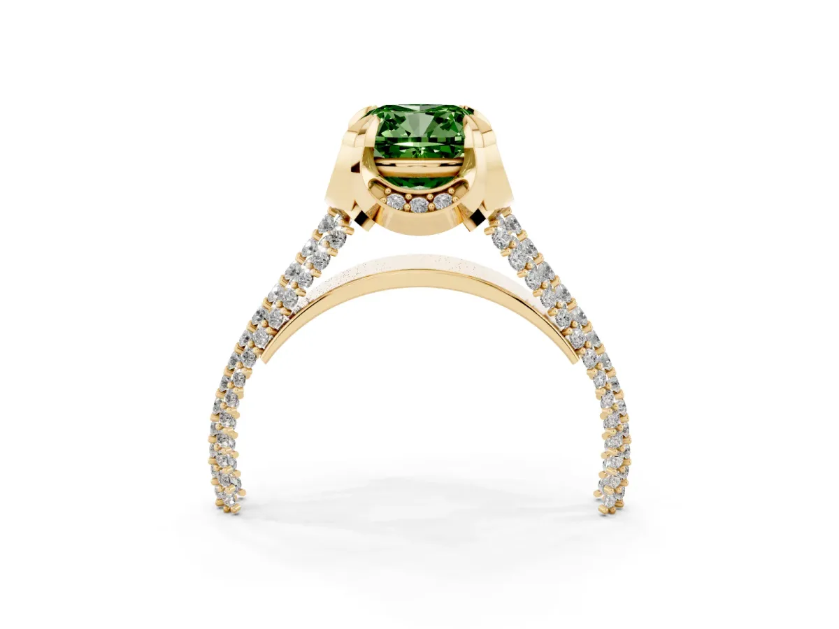 Fancy Green Cushion Cut Solitaire Pave Split Shank Ring with Four-Prong Setting Yellow gold