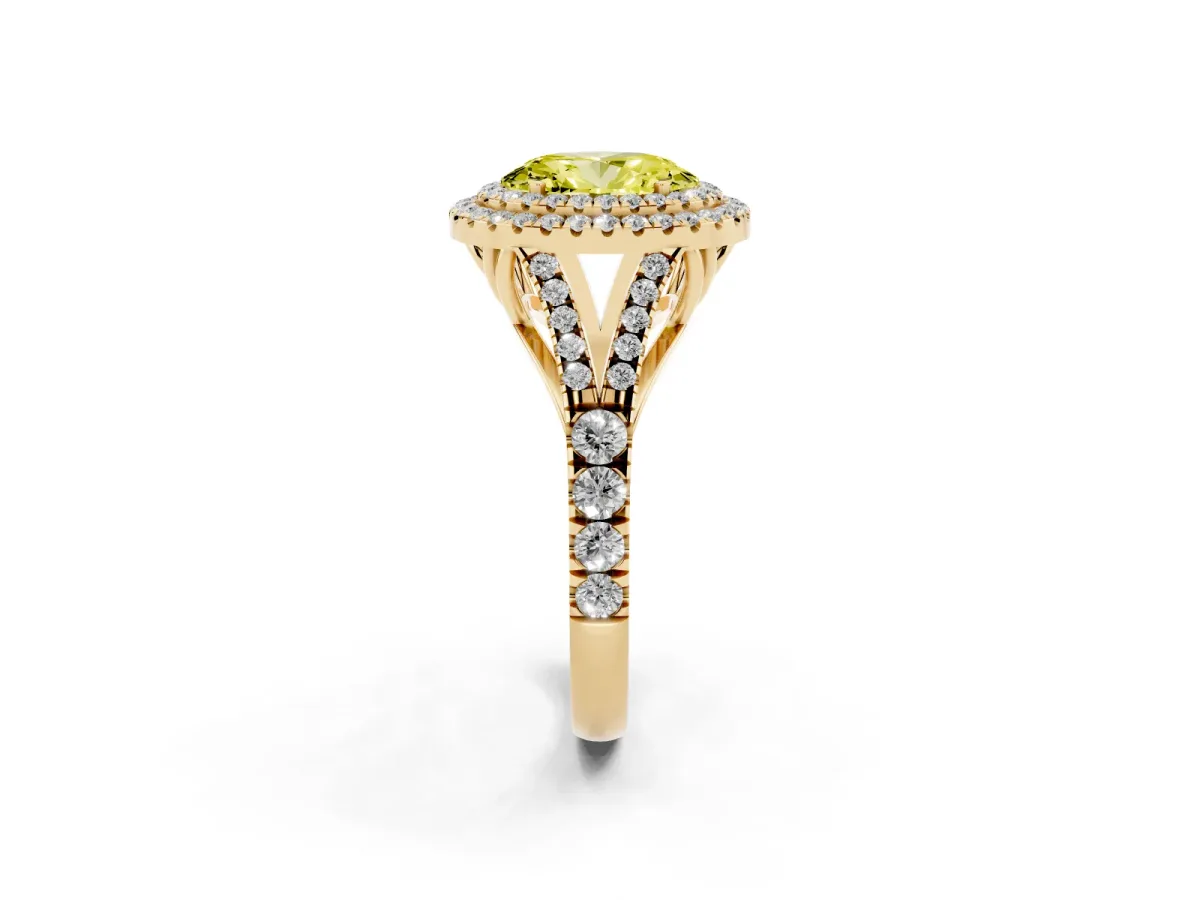 Fancy Yellow Oval Cut Diamond Pavé Split Shank Double Halo Engagement Ring Yellow gold