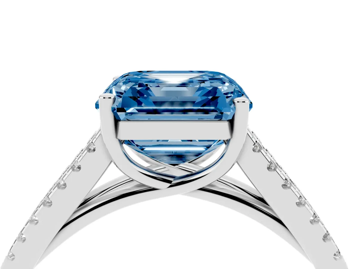 Fancy Blue Asscher Cut Diamond Solitaire Engagement Ring with Split Shank Pavé Band Platinum