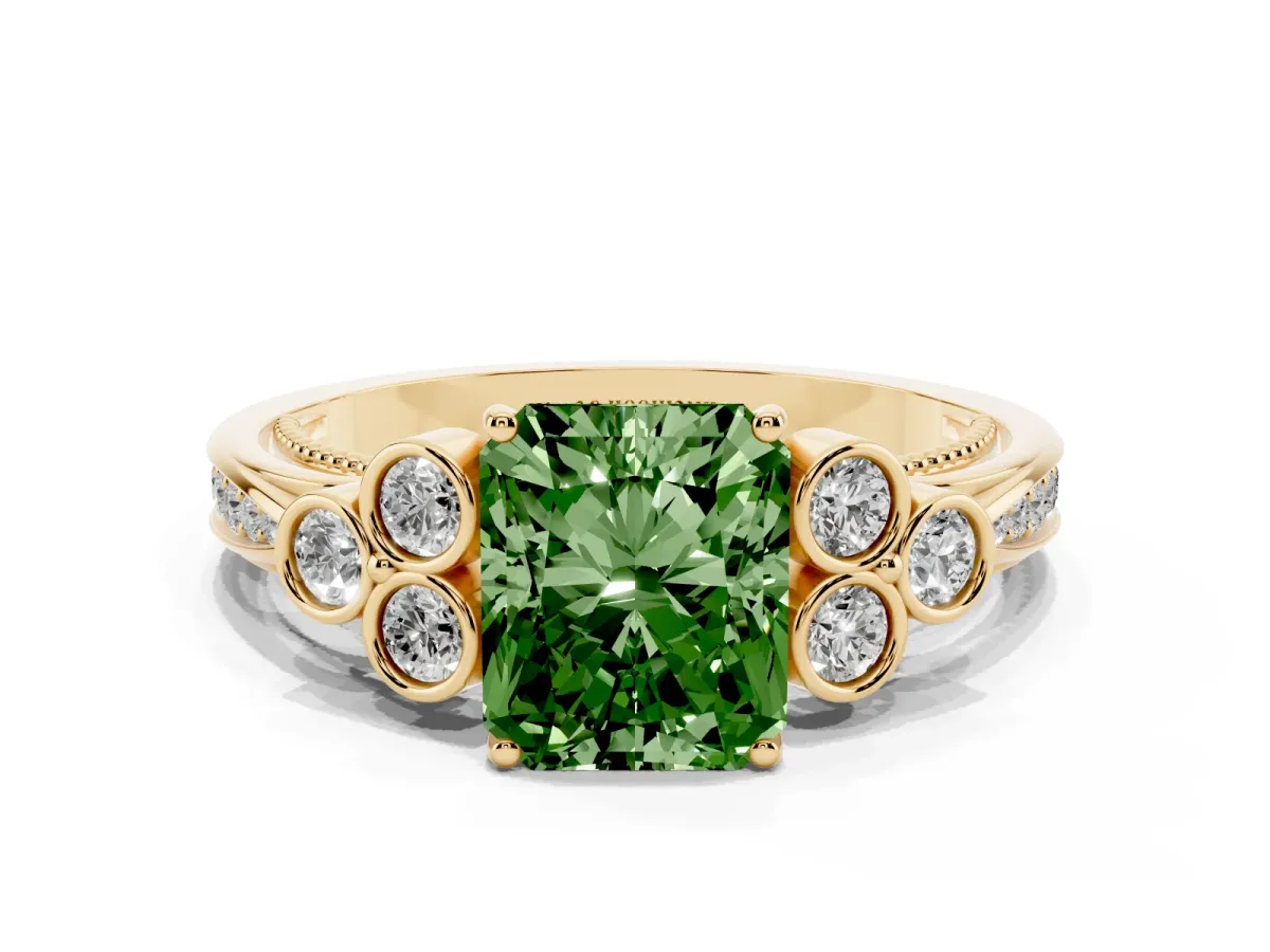 Fancy Green Radiant Cut Cut Diamond Engagement Ring with Bezel Set Round Side Stones and Prong Setting Yellow gold