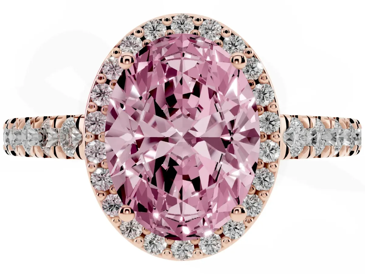 Fancy Pink Oval Cut Cut Halo Diamond Engagement Ring with Pave Band and Four-Prong Setting Rose gold