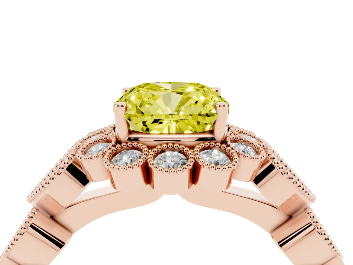 Fancy Yellow Cushion Cut Brilliant Milgrain Pave Heart Band Solitaire Ring Rose gold
