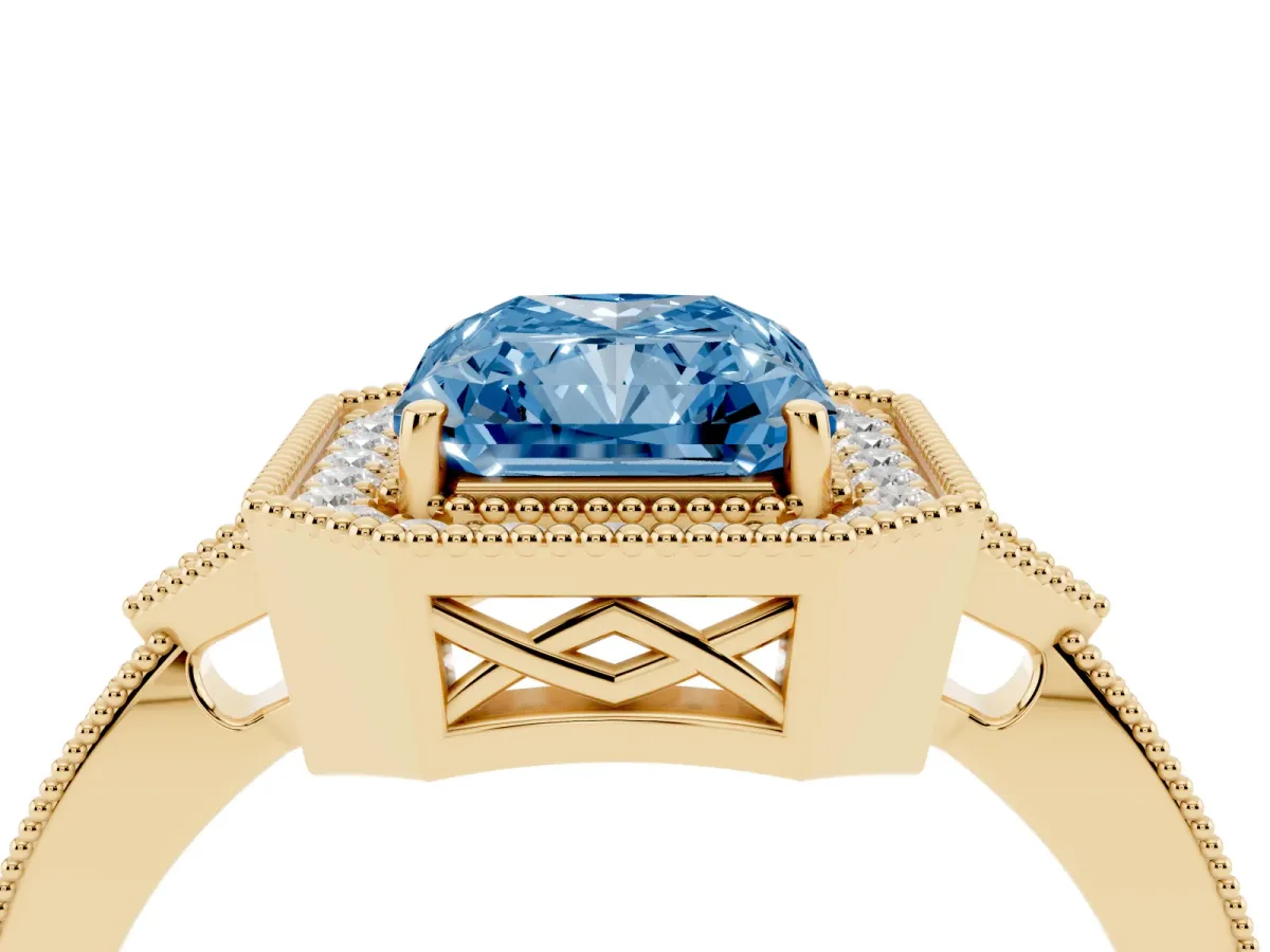 Fancy Blue Radiant Cut Halo Round Diamond Milgrain Pave Engagement Ring Yellow gold