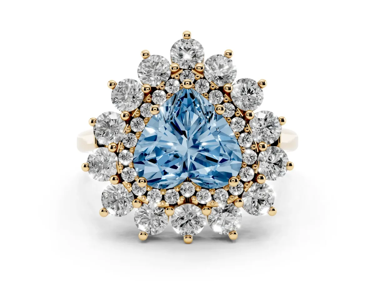 Fancy Blue Heart Cut Diamond Floral Double Halo Engagement Ring with Prong Setting Yellow gold