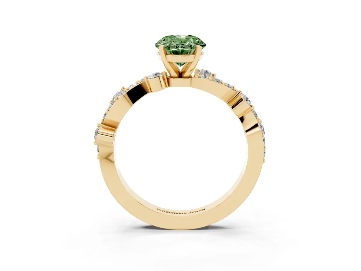 Fancy Green Oval Cut Cut Solitaire Diamond Twisted Band with Pave Setting Yellow gold