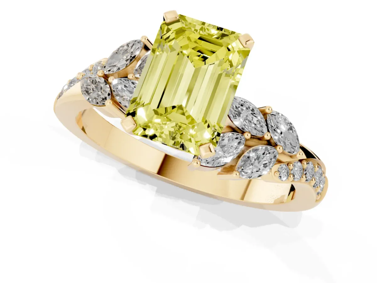 Fancy Yellow Emerald Cut Solitaire Marquise Twist Band with Six-Prong Setting Yellow gold