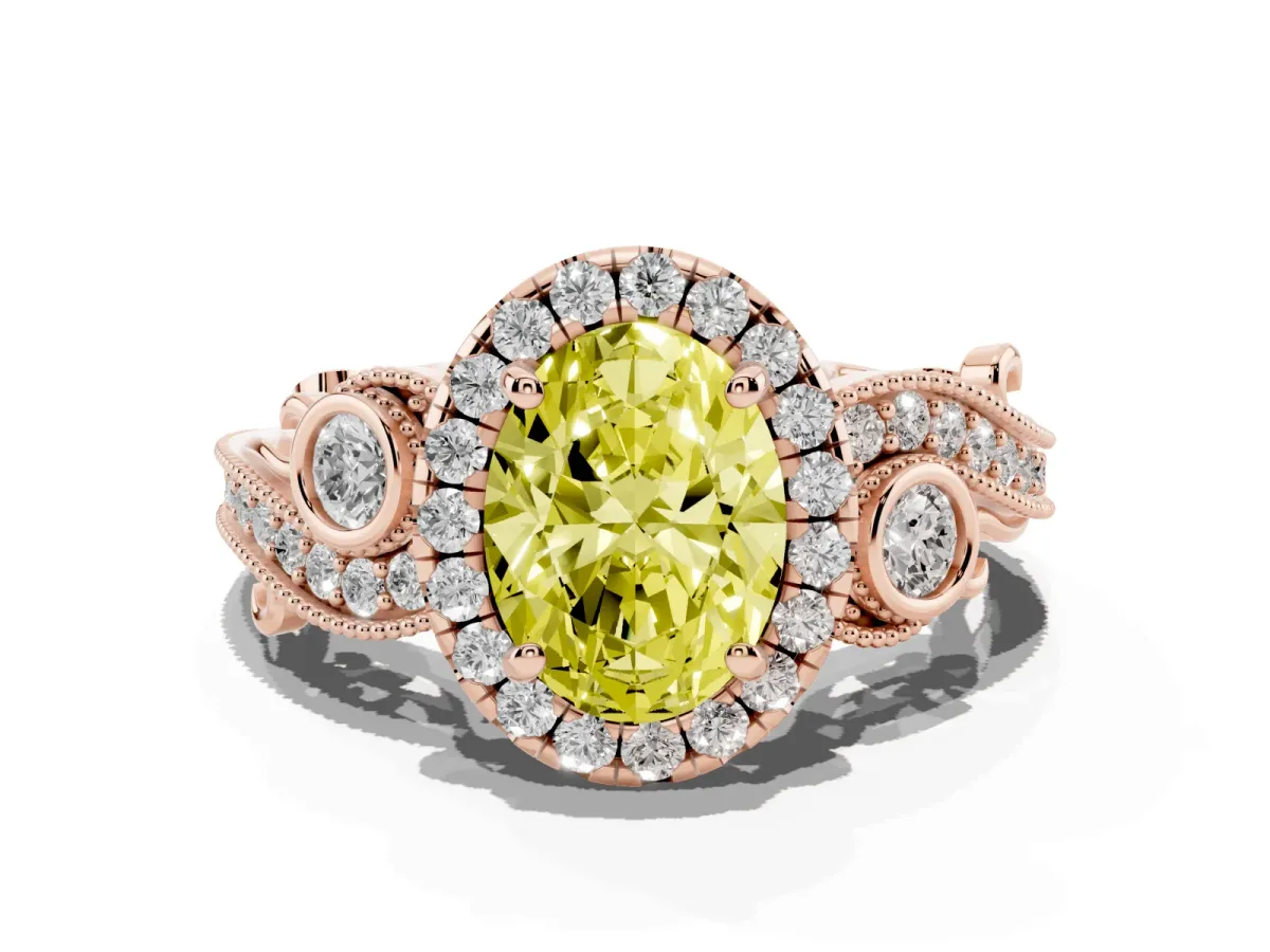 Fancy Yellow Oval Cut Diamond Halo Ring with Milgrain Pavé Band and Four-Prong Setting Rose gold