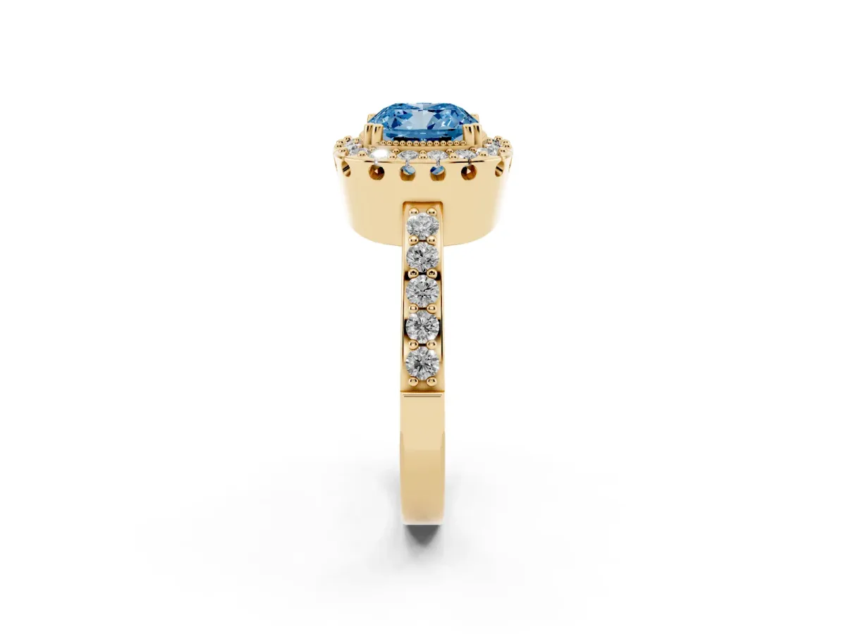 Fancy Blue Cushion Cut Diamond Halo Ring with Pavé Band and Prong Setting Yellow gold