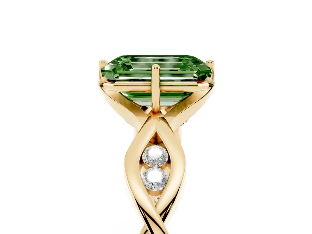 Fancy Green Emerald Cut Solitaire Twist Band with Leaf Prong Setting Yellow gold