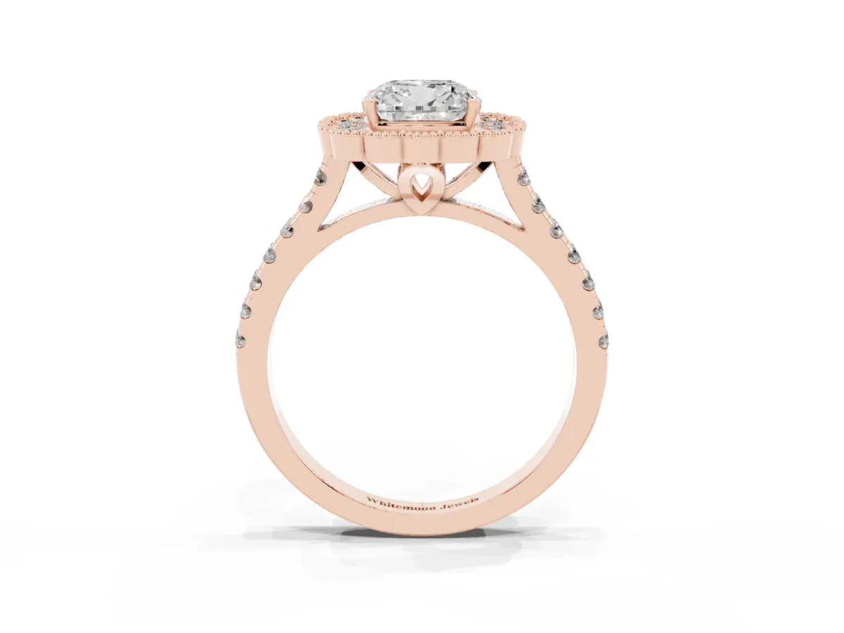 Cushion Cut Cut Diamond Milgrain Floral Halo Engagement Ring with Pavé Band Rose gold