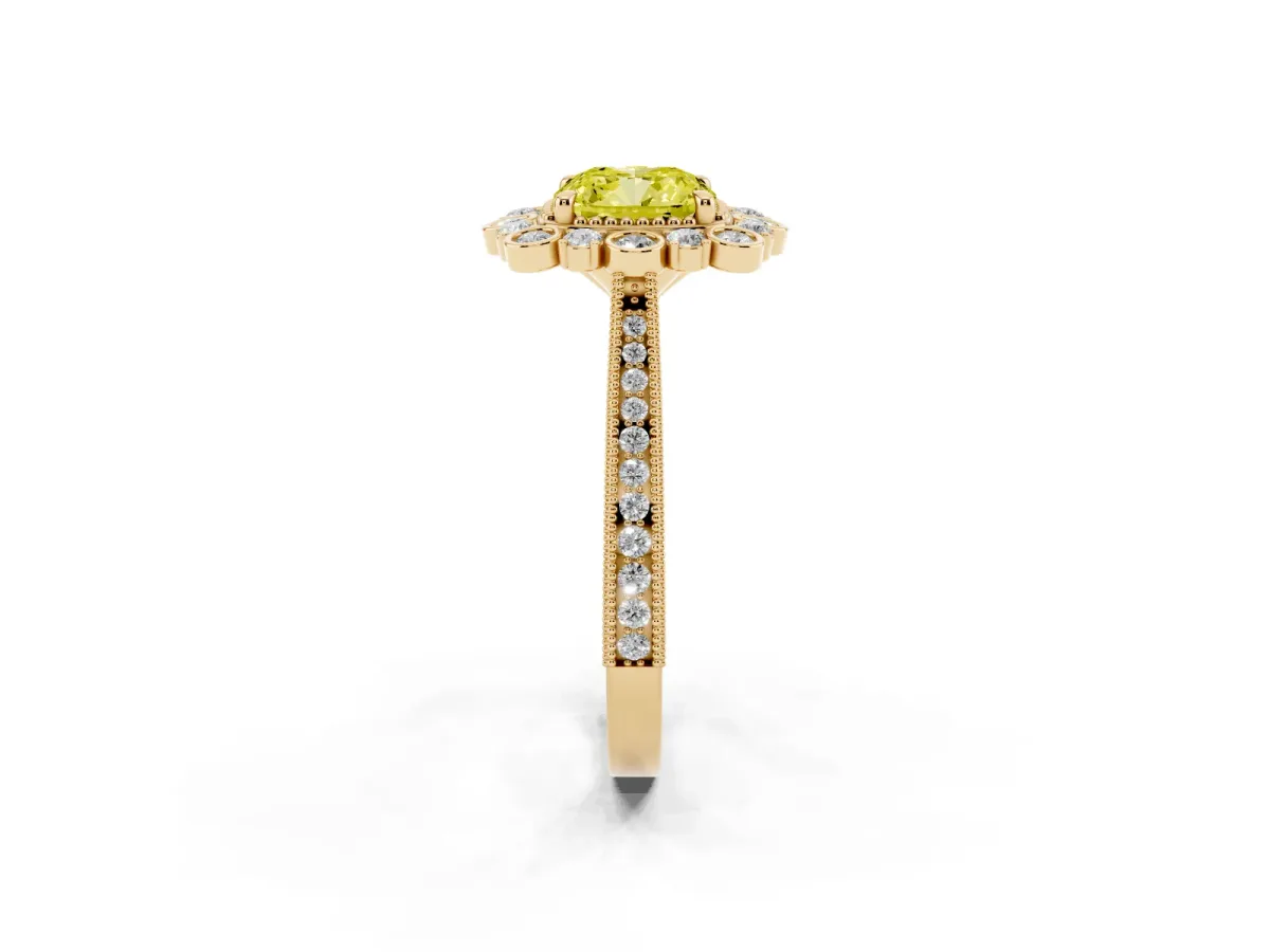 Fancy Yellow Cushion Cut Halo Milgrain Pave Diamond Ring with Four-Prong Setting Yellow gold
