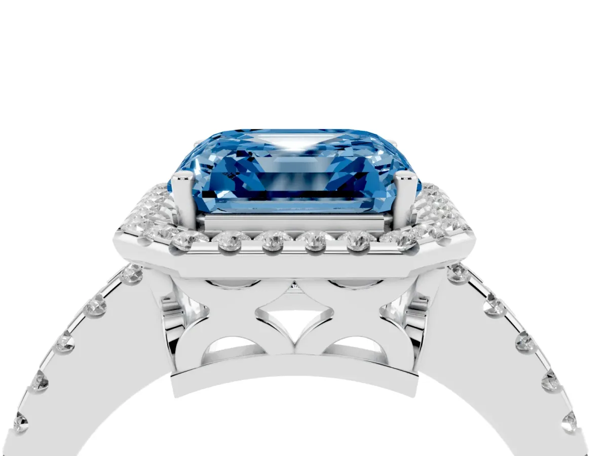 Fancy Blue Asscher Cut Diamond Halo Engagement Ring with Pavé Band and Prong Setting Platinum