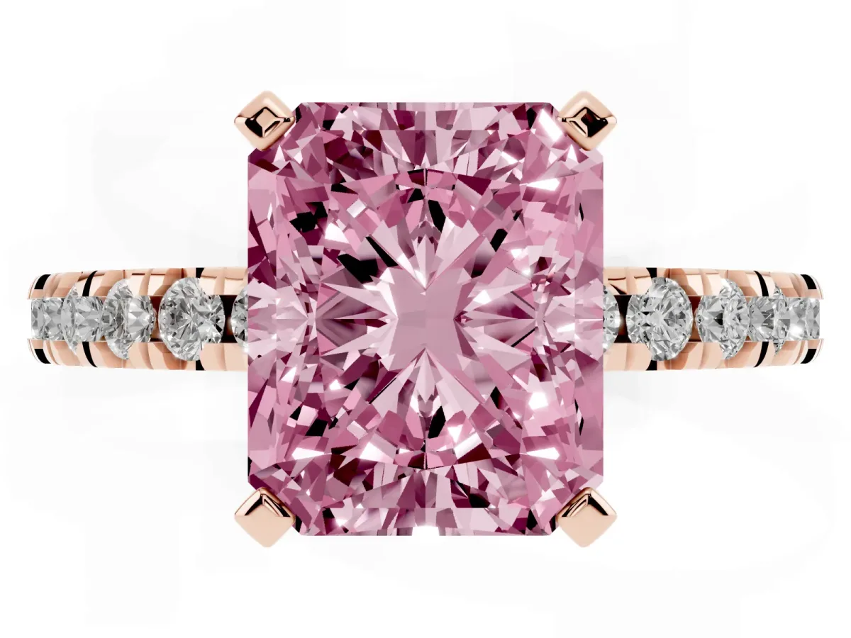 Fancy Pink Radiant Cut Diamond Pavé Band Solitaire with Four-Prong Setting Rose gold