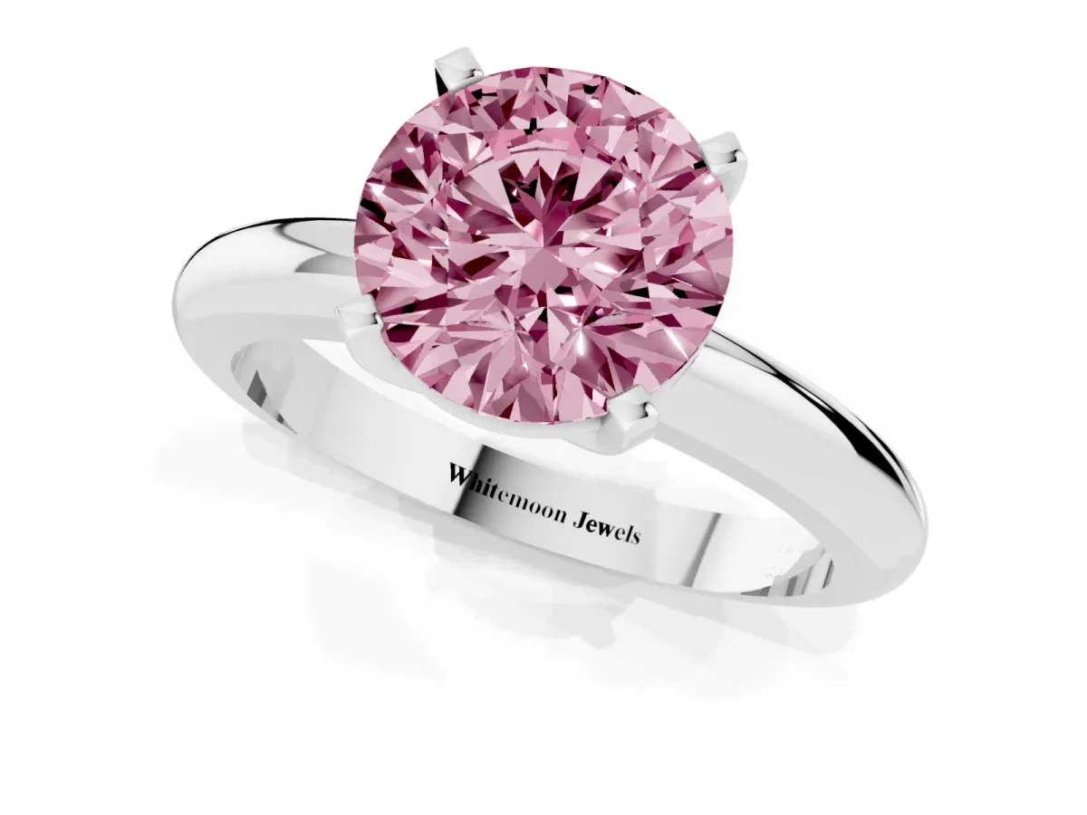 Fancy Pink Round Cut Diamond Solitaire Engagement Ring with Round Band and Four-Prong Setting Platinum