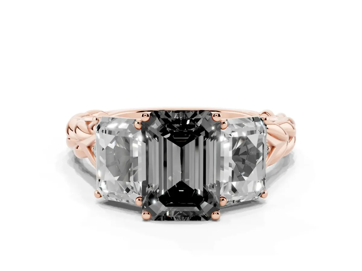 Fancy Black Three-Stone Emerald Cut Diamond Braided Band Ring with Four-Prong Setting Rose gold