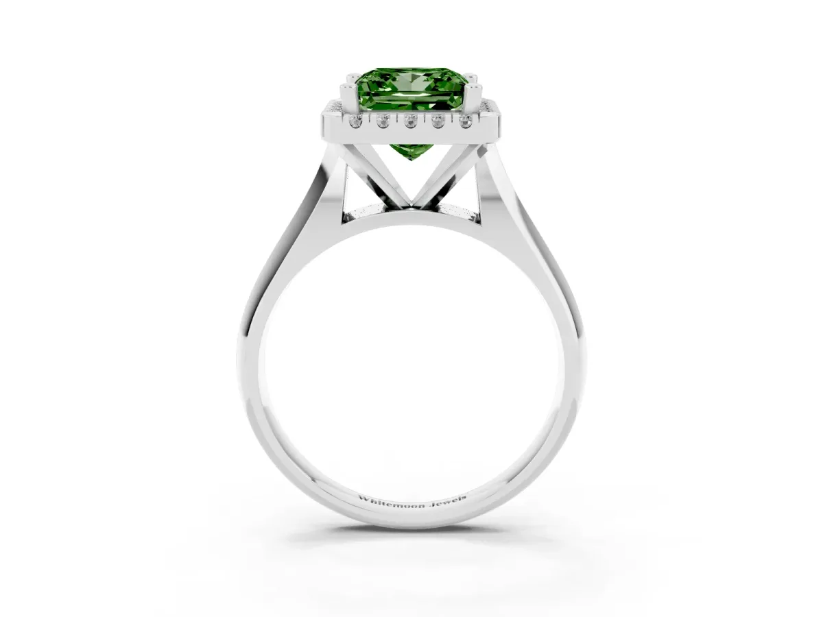 Fancy Green Princess Cut Cut Halo Solitaire Engagement Ring with Square Band and Four-Prong Setting Platinum