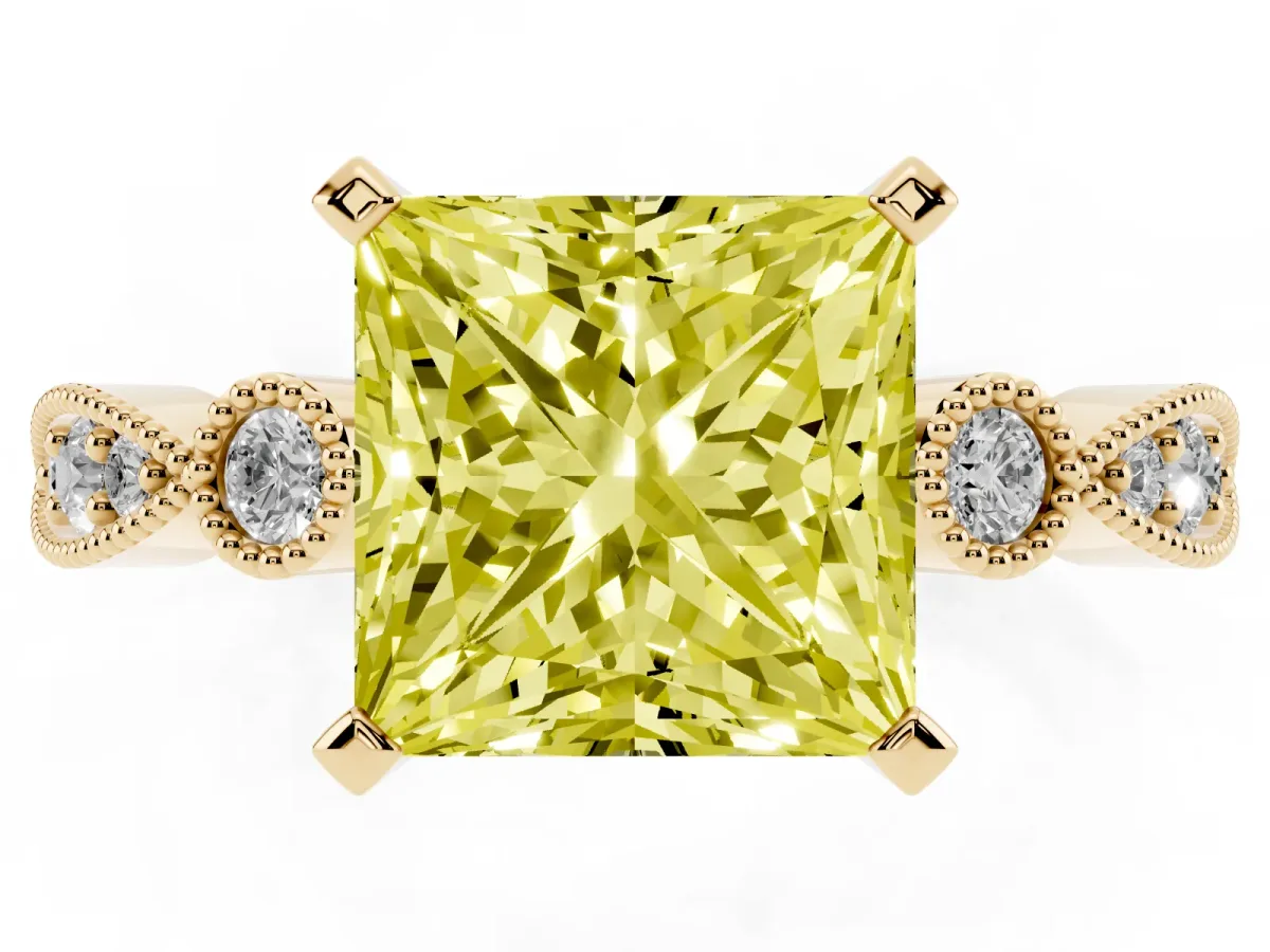 Fancy Yellow Princess Cut Milgrain Bezel Diamond Engagement Ring with Solitaire Prong Setting Yellow gold