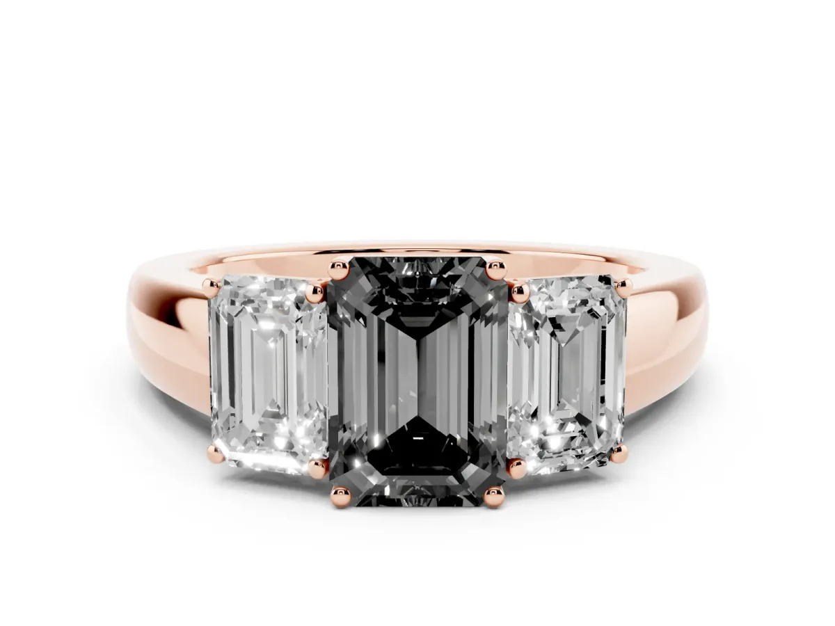 Fancy Black Three-Stone Emerald Cut Cut Diamond Ring with Prong Setting and Classic Band Rose gold