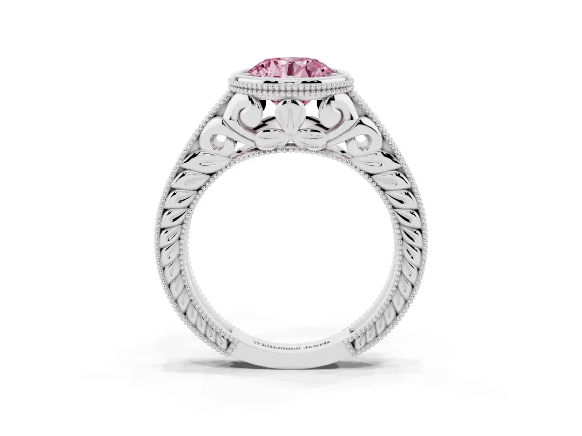 Fancy Pink Bezel Set Round Cut Diamond Milgrain Pave Engagement Ring Silver