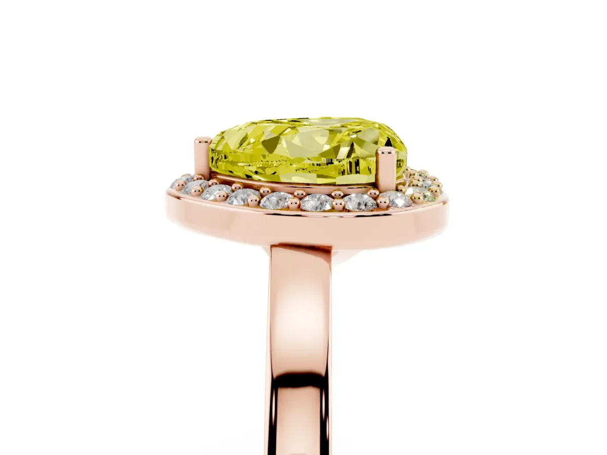 Fancy Yellow Heart Cut Halo Diamond Ring with Solitaire Band and Prong Setting Rose gold