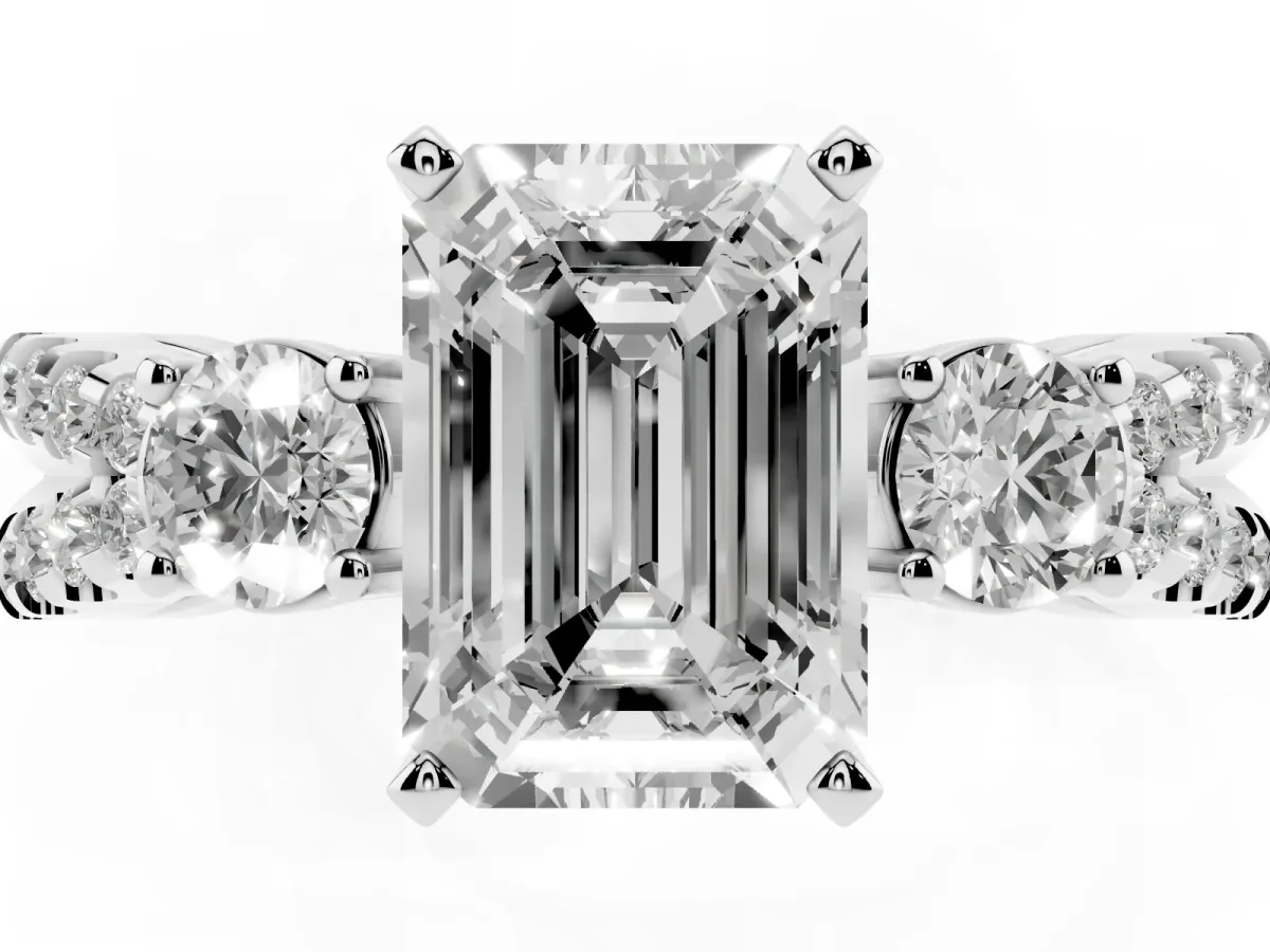 Emerald Cut Diamond Three-Stone Ring with Pavé Split Shank and Four-Prong Setting Silver