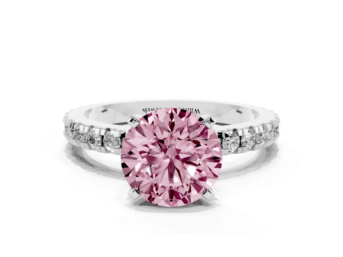 Fancy Pink Round Cut Diamond Pavé Band Solitaire with Four-Prong Setting Silver
