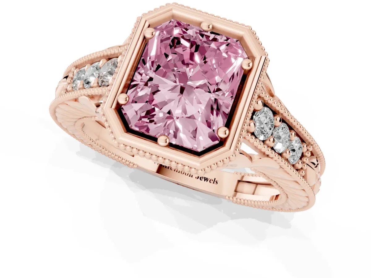 Fancy Pink Bezel Set Radiant Cut Diamond Milgrain Pave Engagement Ring Rose gold