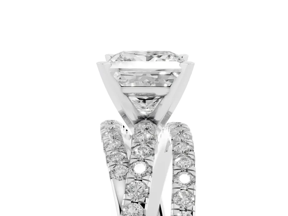 Princess Cut Solitaire Twist Band with Pavé Setting and Four-Prong Setting Silver