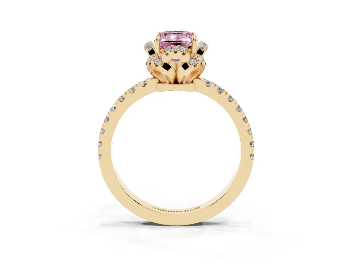 Fancy Pink Emerald Cut Halo Diamond Pave Band Ring with Four-Prong Setting Yellow gold