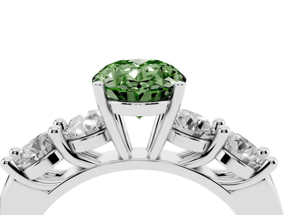 Fancy Green Oval Cut Cut Five-Stone Prong Set Diamond Ring with Classic Band Platinum
