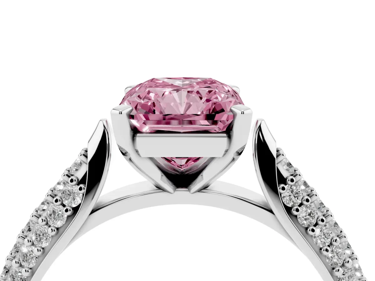 Fancy Pink Radiant Cut Diamond Solitaire Engagement Ring with Multi-Row Round Pavé Band and Prong Setting Platinum